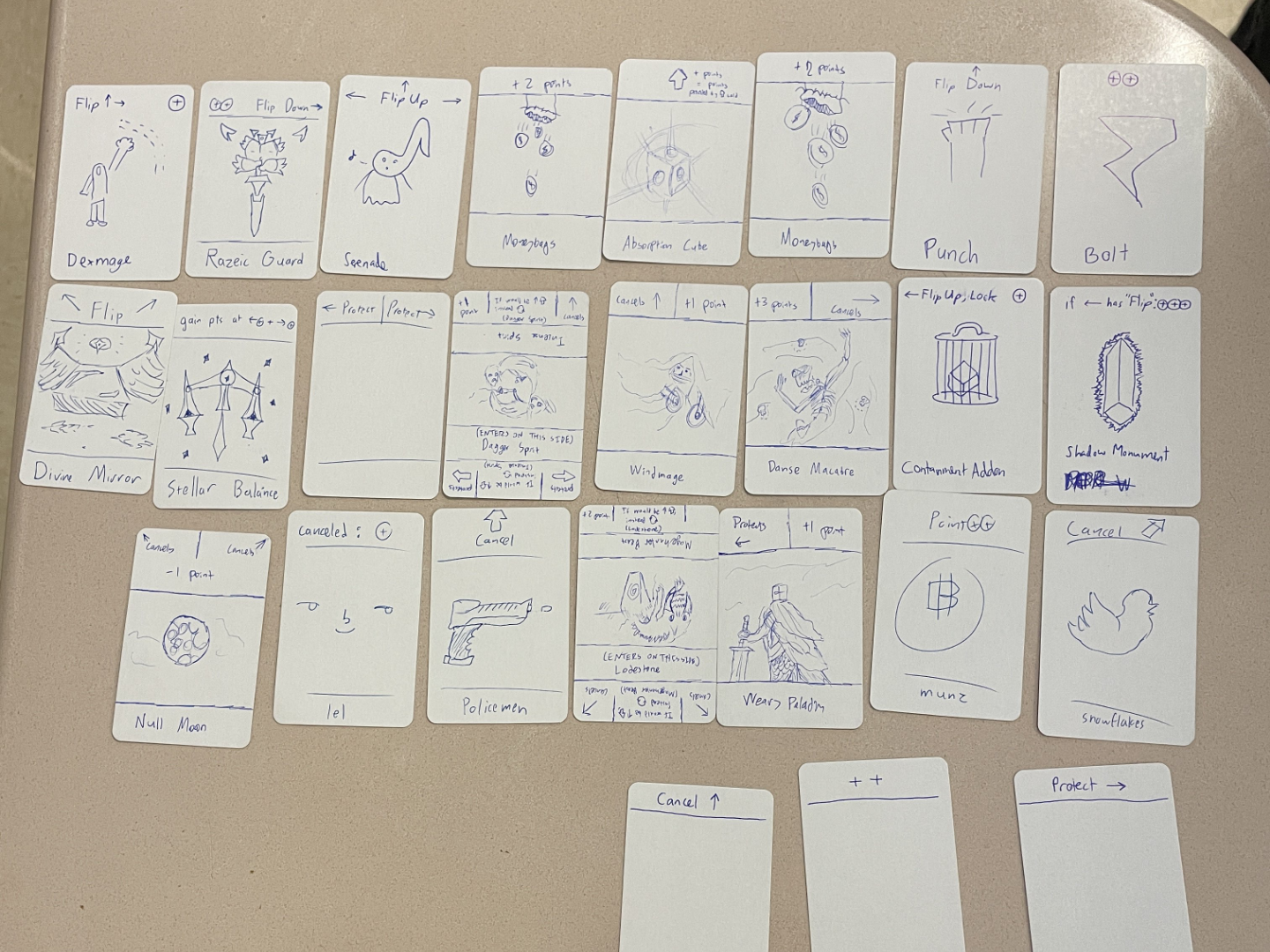 Prototype cards laid out on a table. Each is a white piece of paper with blue ink text and doodles.