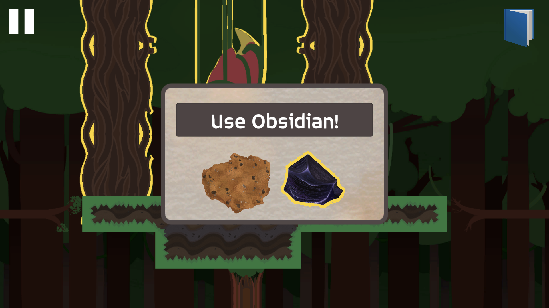 A rock selection popup, with the text 'Use Obsidian!'' and obsidian highlighted