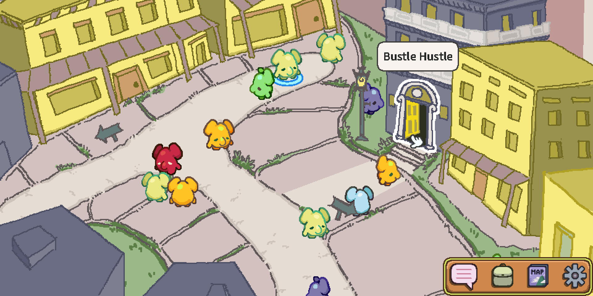 A city with small colorful torunki and the player's mouse pointer over a door that says Bustle Hustle